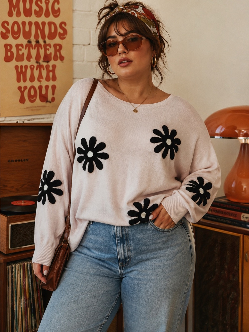 AAEDA Cream Black Retro Indie Daisy Dolman Sleeve Sweater Size L